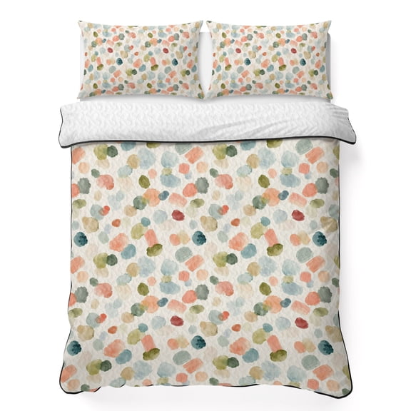 Watercolor Dot 3 Piece Quilt Bedding Set with 2 Pillow Shams, Minimalist Soft Sage Green Blue Pink Ditsy Floral Lightweight Bedspread Coverlet, Soft Breathable All Season Quilt, 79 x 90 Inch