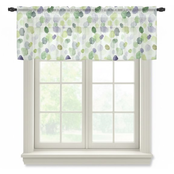 Watercolor Dot Sheer Valances for Windows, Minimalist Soft Sage Green Blue Purple Ditsy Floral Semi Sheer Kitchen Valance Rod Pocket Small Voile Window Curtains for Living Room Bedroom 42 x 12 Inch