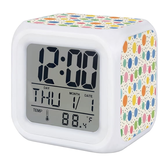 Watercolor Dots Digital Alarm Clock for Bedrooms,Smart LED Alarm Clock with 7 Color Changing Night Light,Colorful Polka Dot Abstract Sprinkles Silent Wake Up Clocks for Sleep Study Cooking 3.2"x3.2"
