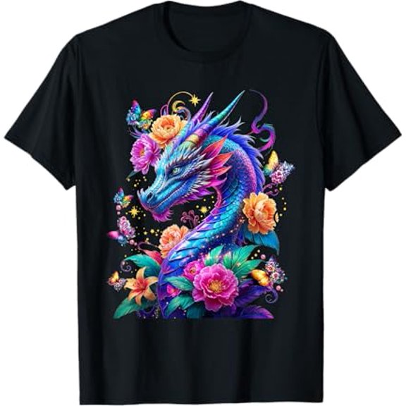 Watercolor Dragon Flowers Beautiful Art Colorful Graphic Unisex T-Shirt Fantasy Style up to size 5XL