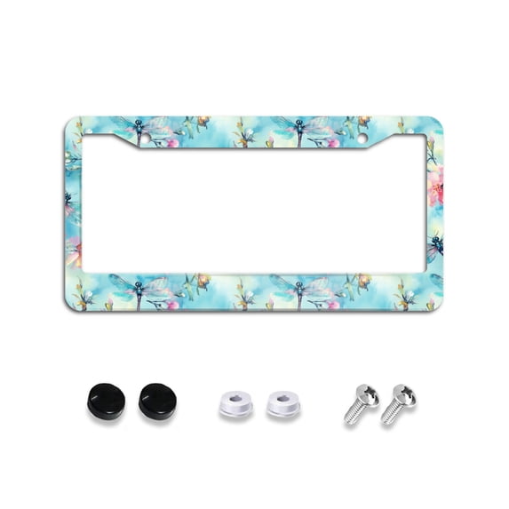 Watercolor Dragonflies and Blooming Flowers 1 License Plate Frames for Women Men Car Plate Holder Cover Metal Tag Aluminum Car Accessories Front Rear Plate Decor