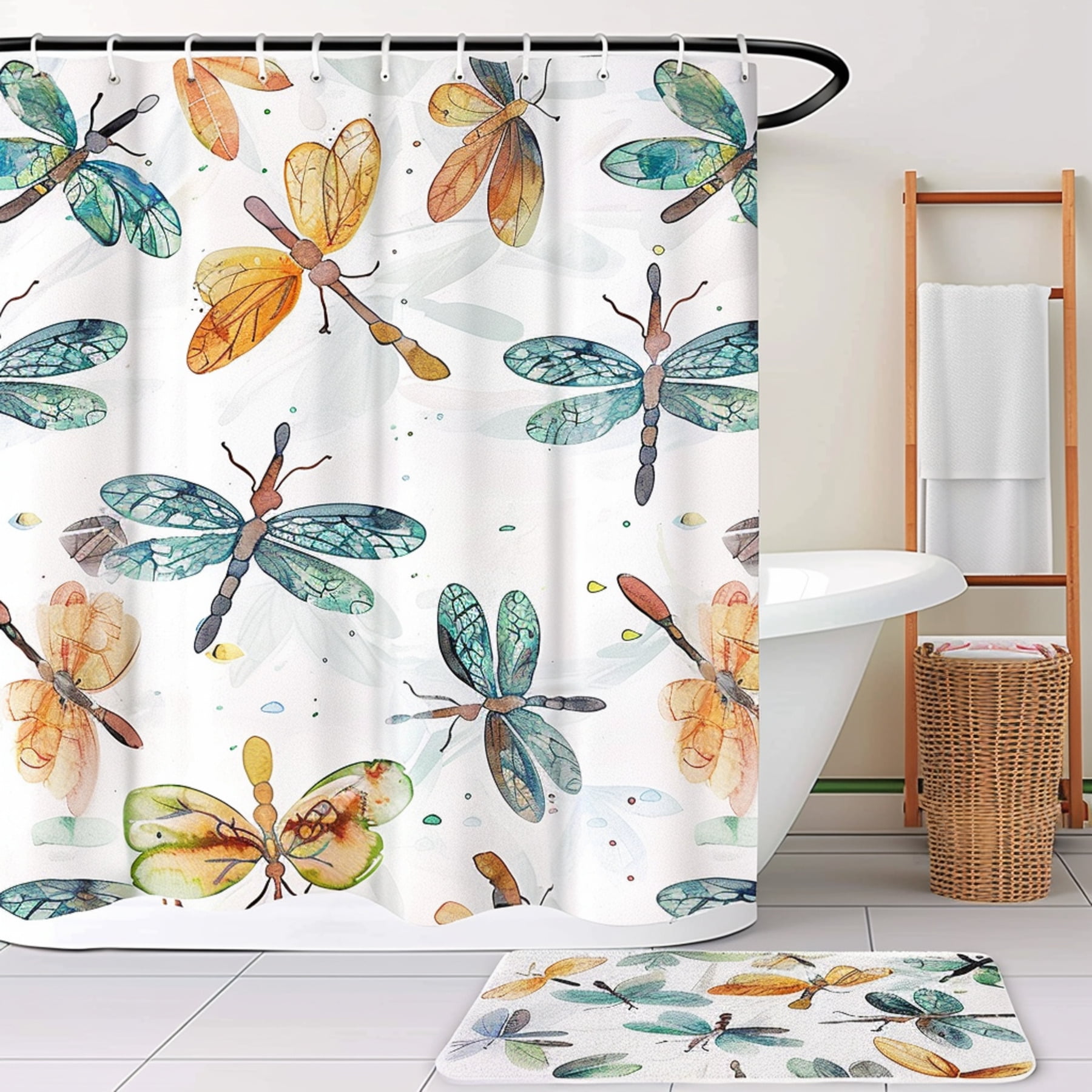 Watercolor Dragonflies Shower Curtain Set Cartoon Style Bathroom Decor