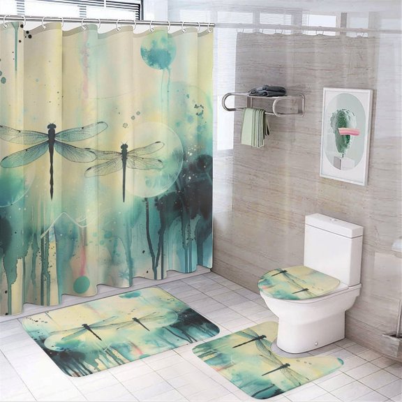 Watercolor Dragonflies Shower Curtain Sets 4 Piece Bathroom Decor Set with Non-Slip Rugs Toilet Lid Cover And Bath Mat Vintage Blue Dragonfly Waterproof Personality Pattern Bath Curtain