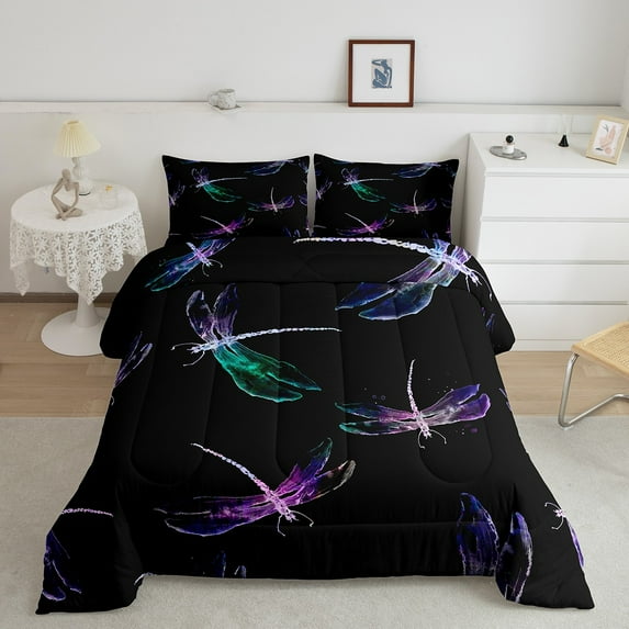 Watercolor Dragonfly Bedding Set Twin Neon Dragonflies Comforter Set, Black Pink Purple Duvet Insert Animal Theme Quilt Comforter, Gradient Wildlife Bedding Comforters & Sets Lightweight 2pcs