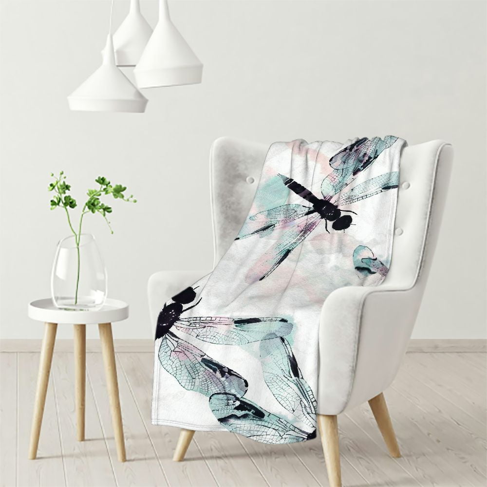 Watercolor Dragonfly Blanket and Throws Pastel Blue Pink Purple Sherpa
