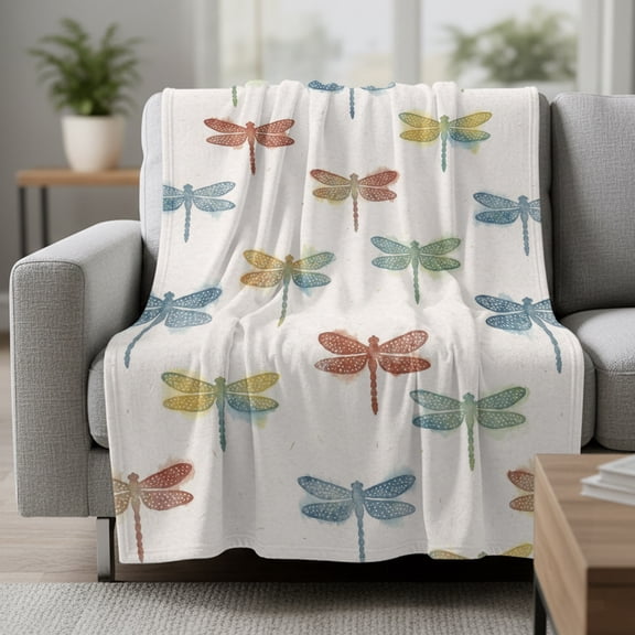 Watercolor Dragonfly Fleece Throw Blanket Blue Red Green Insects Country Rustic Farm Ultra Soft Fuzzy Cozy Flannel Throw Blanket for Couch Sofa Bed Car Travel, Ideal Gifts 50x60 Inches