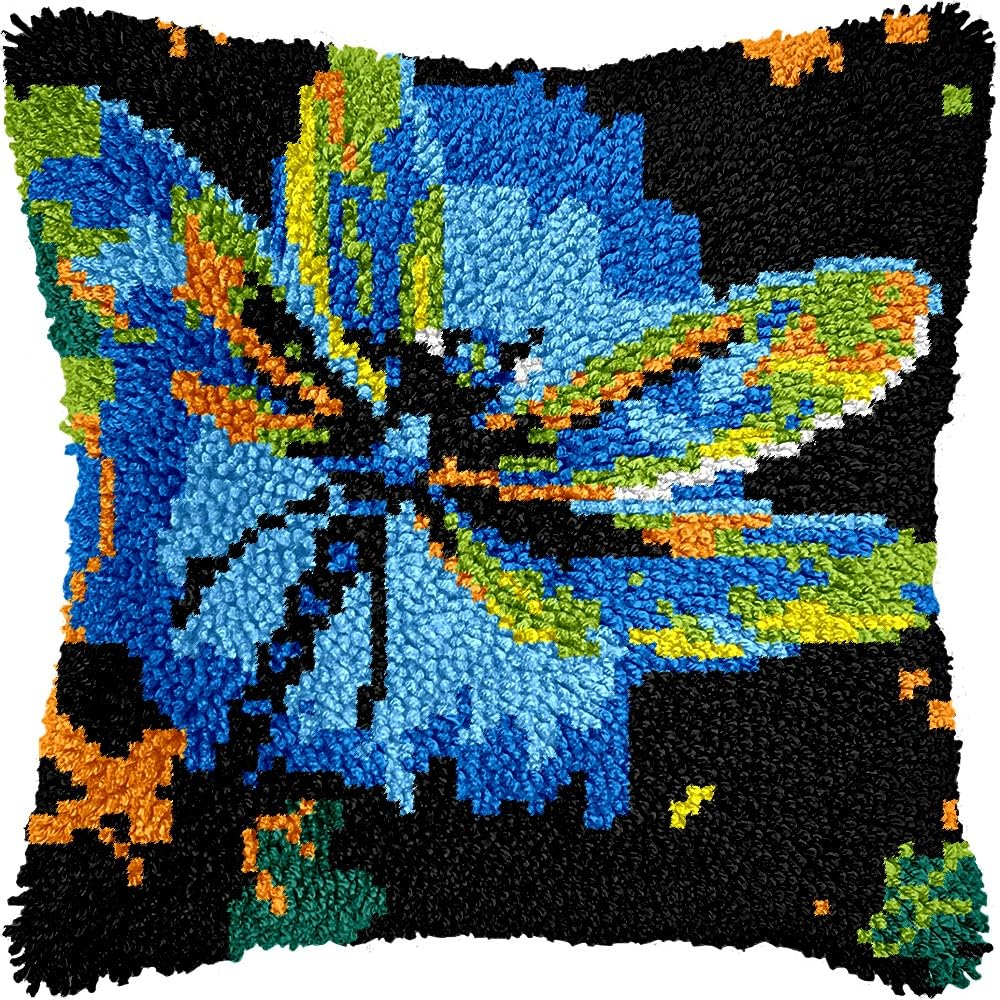 Watercolor Dragonfly Latch Hook Pillow Kits for DIY Handmade Throw Pillow Cushion Embroidery Latch Hooking Pillowcase Kits with Preprinted Canvas Crochet Yarn Kits 17''X 17''(g311)