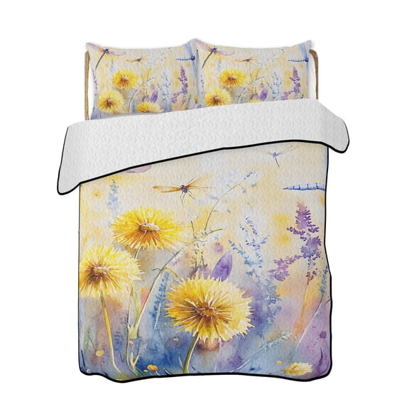 Watercolor Dragonfly Quilts Bedding Set California King Spring Blue Yellow Dandelion Flower Floral Lightweight Quilted Bedspread 3 Piece Bed Quilt with 2 Pillow Shams for Bedroom 96" x 106"