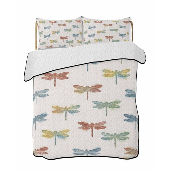 Watercolor Dragonfly Quilts Bedding Set King Size Blue Red Green Insects Country Rustic Farm Lightweight Quilted Bedspread 3 Piece Bed Quilt with 2 Pillow Shams All Season for Bedroom 90" x 96"