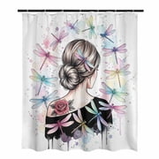 Watercolor Dragonfly Shower Curtain, Rose Woman Watercolor Splash 60x72 Waterproof Fabric Bath Curtain for Bathroom Decor
