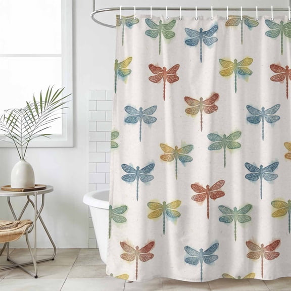 Watercolor Dragonfly Standard Shower Curtain Set, Waterproof Shower Curtains for Bathroom, Country Farmhouse Animal Beige Washable Fabric Bath Curtain for Bathtub Decoration with Hooks 72x72 Inches