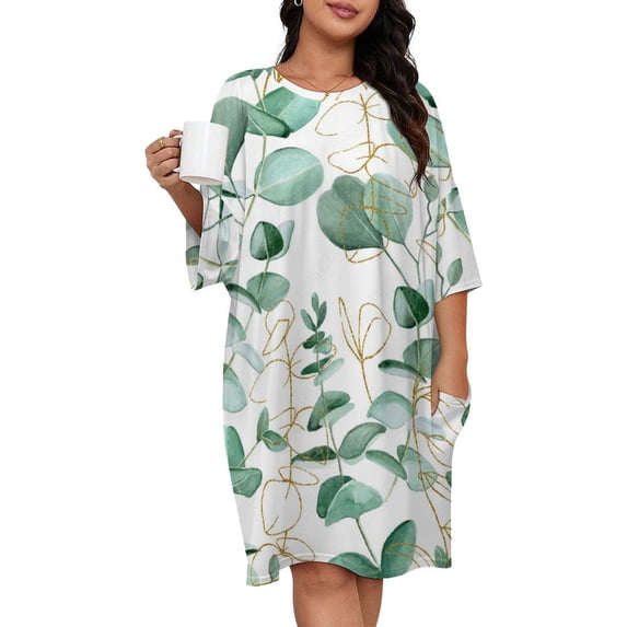 Watercolor Drawing Eucalyptus Leaves Sleepshirts For Sleeping Travels Loose Sleepdress Pajama Dress Soft Nightdress Sleepwear