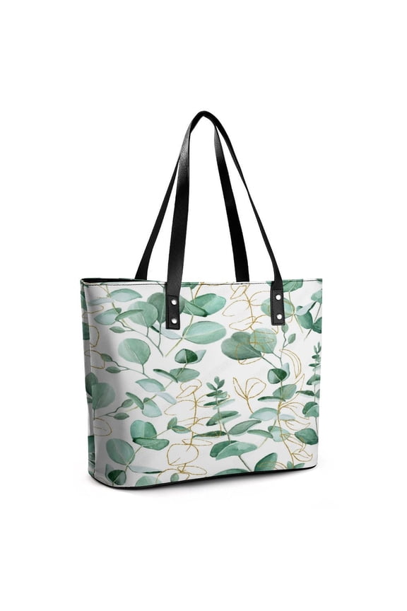 Watercolor Drawing Eucalyptus Leaves Woman Leather Handbags Large Tote Bag Fashion Portable Handbags With Zipper