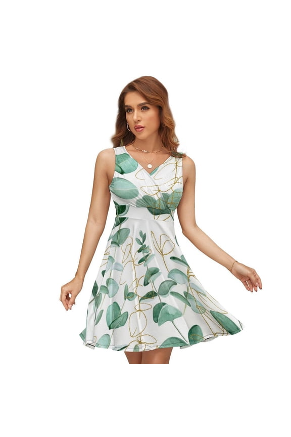 Watercolor Drawing Eucalyptus Leaves Women's Tank Dress V Neck Sleeveless Summer Sundress