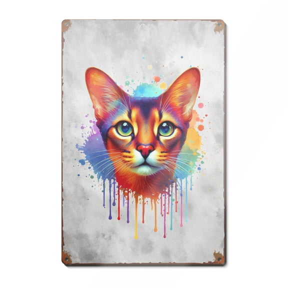 Watercolor Drip Abyssinian Pop Art Colorful Portrait Artwork Vertical Metal Aluminum Sign Cat Lover Kitten Owner Gifts Wall Art Home Decor - 01009