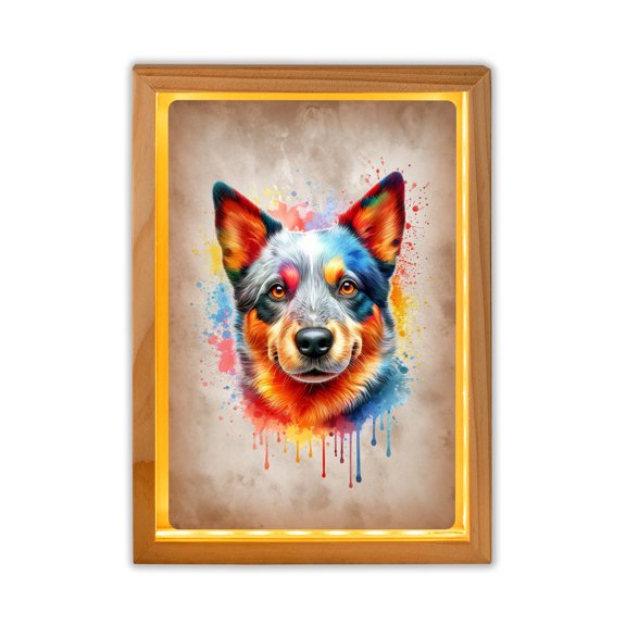 Watercolor Drip Australian Cattle Dog Pop Art Colorful Portrait Artwork Acrylic Plaque with Wood Photo Frame Box Heeler Lover Gifts Light Box - 01009