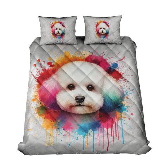 Watercolor Drip Bichon Frise Pop Art Colorful Portrait Artwork Quilt Bedding Set Bichons Dog Lovers Gifts Idea 1 Blanket Bed Cover 2 Pillowcases - 01009