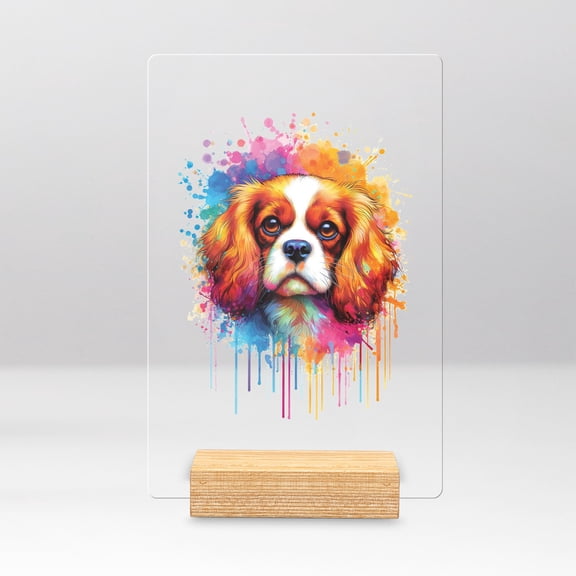 Watercolor Drip Cavalier King Charles Spaniel Pop Art Colorful Portrait Artwork Acrylic Plaque Sign Ashwood Base Dog Lover Gifts Home Desk Decor - 01009