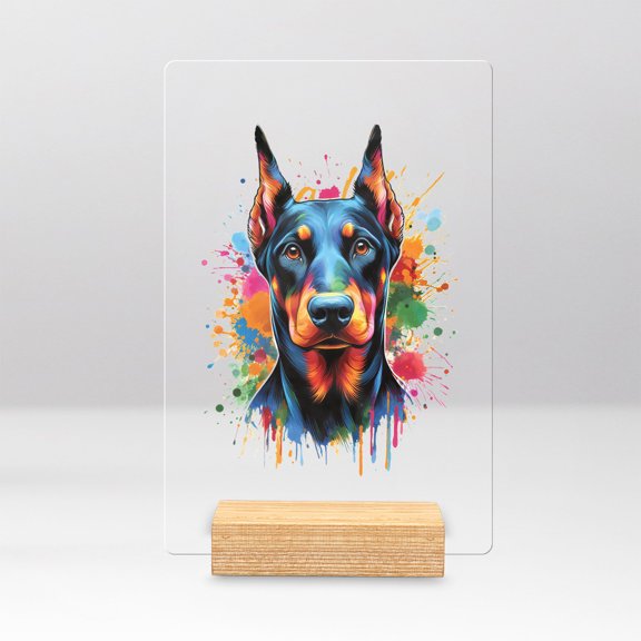 Watercolor Drip Doberman Pinscher Pop Art Colorful Portrait Artwork Acrylic Plaque Sign Ashwood Base Doberman Dog Lover Gifts Home Desk Decor - 01009