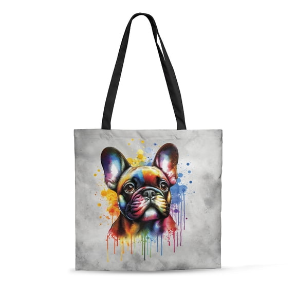 Watercolor Drip French Bulldog Pop Art Colorful Portrait Artwork All Over Print 3D Canvas Tote Bag Dog Lover Gifts Reusable Handbag - 01009
