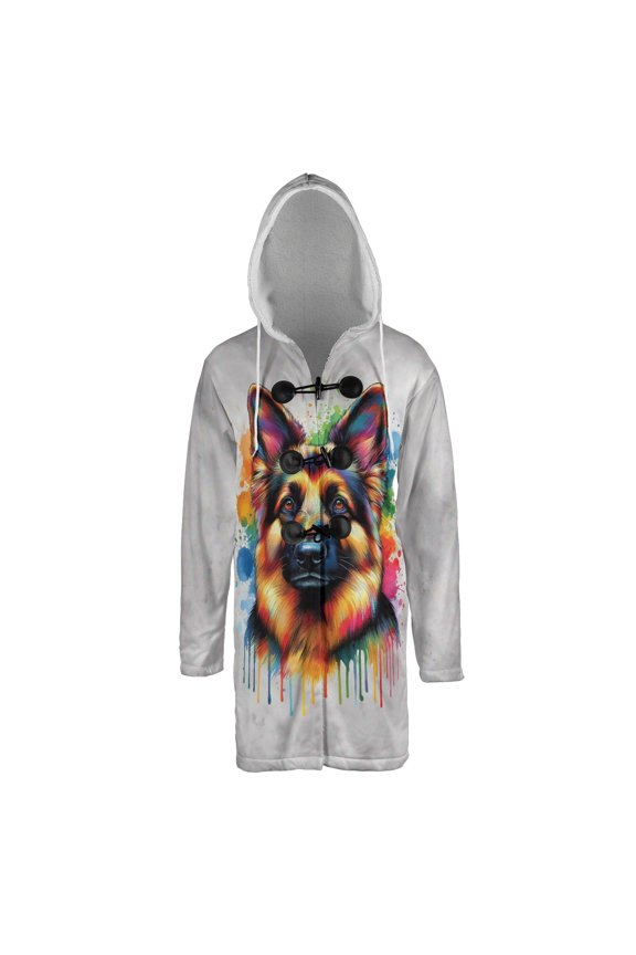 Watercolor Drip German Shepherd Pop Art Colorful Portrait Artwork All Over Print 3D Hooded Duffle Toggle Coat Alsatian Dog Lover Gifts - 01009