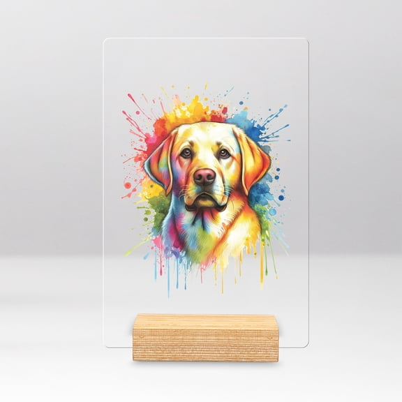 Watercolor Drip Labrador Retriever Pop Art Colorful Portrait Artwork Acrylic Plaque Sign Ashwood Base Lab Dog Lover Gifts Home Desk Decor - 01009
