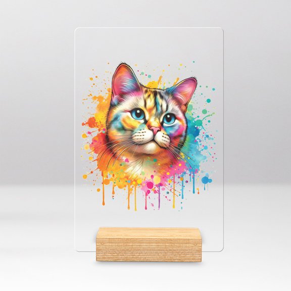 Watercolor Drip Manx Pop Art Colorful Portrait Artwork Acrylic Plaque Sign Ashwood Base Cat Lover Kitten Owner Gifts Home Desk Decor - 01009