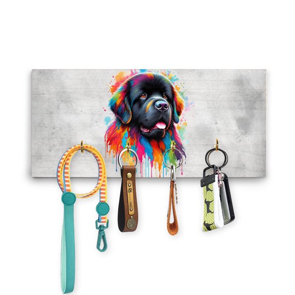 Watercolor Drip Newfoundland Pop Art Colorful Portrait Artwork Wood Key Holder Newfie Dog Lover Gifts Wall-mounted Key Rack Home Decor - 01009