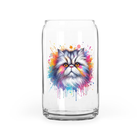 Watercolor Drip Persian Pop Art Colorful Portrait Artwork 16oz Glass Cup Mug Cat Lover Kitten Owner Gifts Glass Can - 01009
