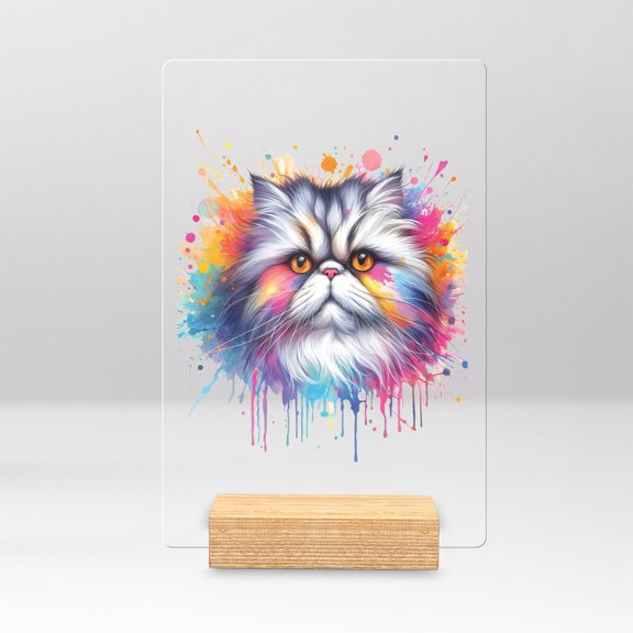 Watercolor Drip Persian Pop Art Colorful Portrait Artwork Acrylic Plaque Sign Ashwood Base Cat Lover Kitten Owner Gifts Home Desk Decor - 01009