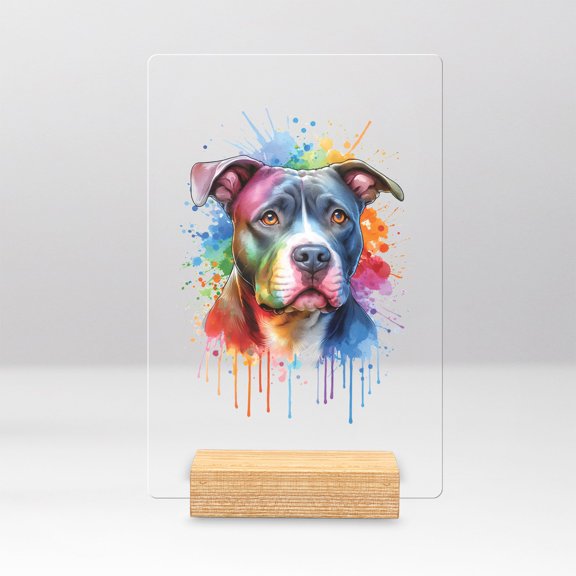 Watercolor Drip Pitbull Pop Art Colorful Portrait Artwork Acrylic Plaque Sign Ashwood Base Terrier Dog Lover Home Desk Decor - 01009