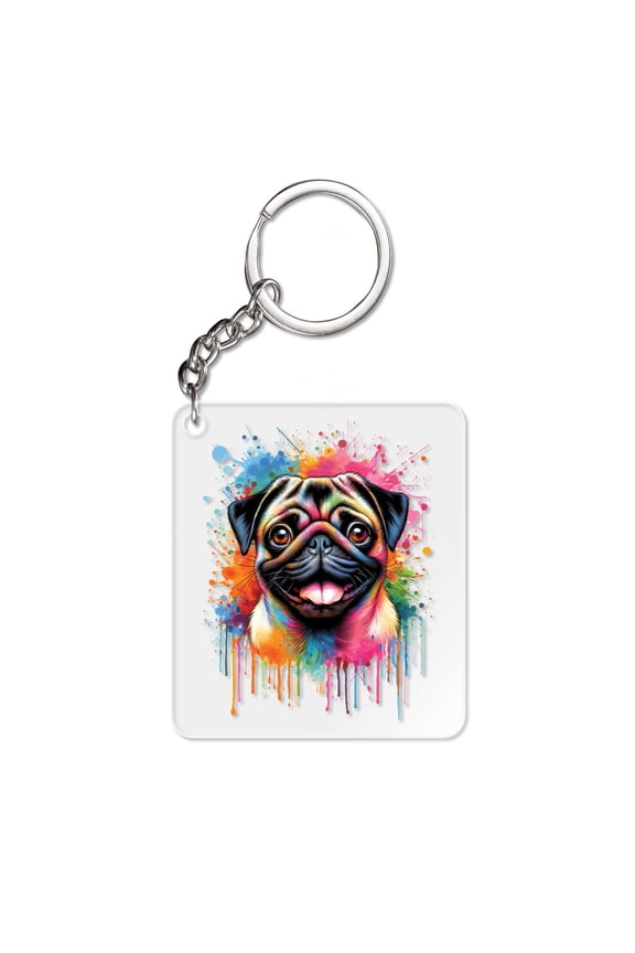 Watercolor Drip Pug Pop Art Colorful Portrait Artwork Acrylic Keychain Dog Lover Gifts Collar Charm Tag Keyring - 01009