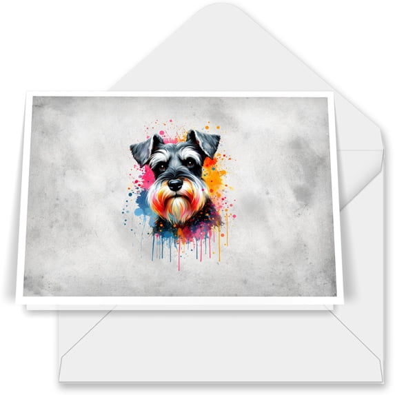 Watercolor Drip Schnauzer Pop Art Colorful Portrait Artwork 7x5in Folded Greeting Card Miniature Schnauzer Dog Lover Single Note Card with Envelope - 01009