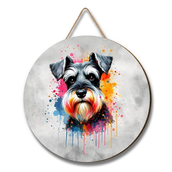 Watercolor Drip Schnauzer Pop Art Colorful Portrait Artwork Round Wood Sign Miniature Schnauzer Dog Lover Hanging Wall Home Decor - 01009