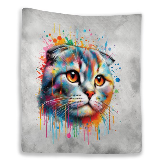 Watercolor Drip Scottish Fold Pop Art Colorful Portrait Artwork Quilt Blanket Cat Lover Kitten Owner Gifts Cozy Comforter Throw Blanket - 01009