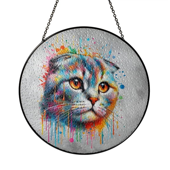 Watercolor Drip Scottish Fold Pop Art Colorful Portrait Artwork Stained Glass Suncatcher Cat Lover Kitten Owner Gifts Window Hanging Sign Decor - 01009