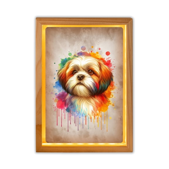 Watercolor Drip Shih Tzu Pop Art Colorful Portrait Artwork Acrylic Plaque with Wood Photo Frame Box Lion Dog Lover Gifts Light Box - 01009
