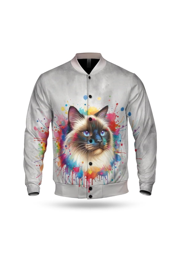 Watercolor Drip Siamese Pop Art Colorful Portrait Artwork All Over Print 3D Baseball Jacket Cat Lover Kitten Owner Gifts Bomber Jacket Softball - 01009