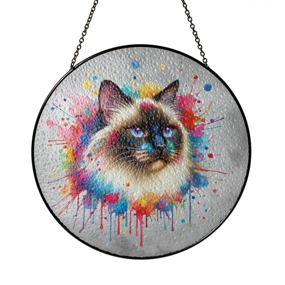 Watercolor Drip Siamese Pop Art Colorful Portrait Artwork Stained Glass Suncatcher Cat Lover Kitten Owner Gifts Window Hanging Sign Decor - 01009