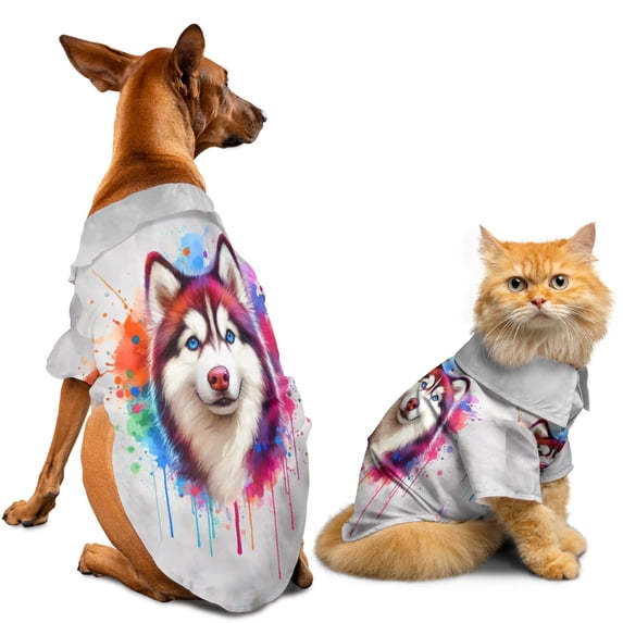 Watercolor Drip Siberian Husky Pop Art Colorful Portrait Artwork Hawaiian Summer Shirt for Small Medium Large Dog Cat Husky Dog Lover Gifts - 01009