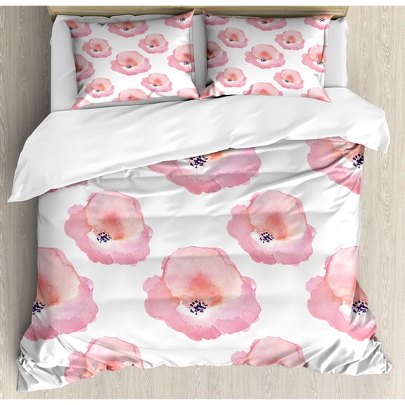Watercolor Duvet Cover Set, Art of Repetitive Flower Silhouettes Paint Blots, Decorative 3 Piece Bedding Set with 2 Pillow Shams, Queen Size, Pink Coral, by Ambesonne