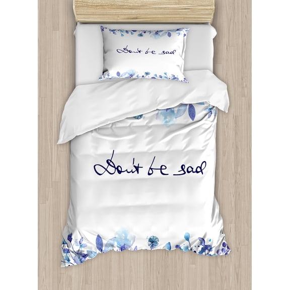 Watercolor Duvet Cover Set, Blue Flowers and Branches with Leaves Natural Imagery Fine Art Theme, Decorative 2 Piece Bedding Set with 1 Pillow Shams, Twin Size, Royal Blue Pale Blue, by Ambesonne