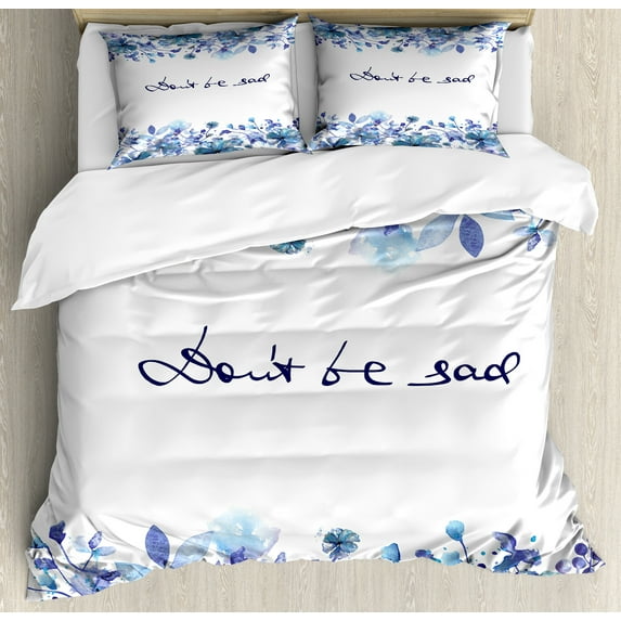 Watercolor Duvet Cover Set, Blue Flowers and Branches with Leaves Natural Imagery Fine Art Theme, Decorative 3 Piece Bedding Set with 2 Pillow Shams, Queen Size, Royal Blue Pale Blue, by Ambesonne