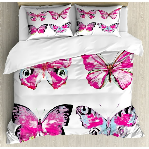 Watercolor Duvet Cover Set, Butterflies Spring Season Nature Wildlife Insects Vintage, Decorative 3 Piece Bedding Set with 2 Pillow Shams, Calking Size, Pale Blue Black Pink, by Ambesonne