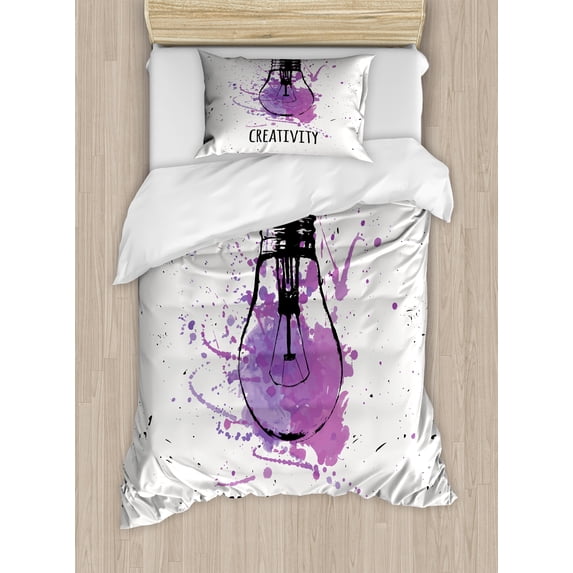 Watercolor Duvet Cover Set, Creativity Texting with Hanging with Brushstroke Effects Hipster, Decorative 2 Piece Bedding Set with 1 Pillow Shams, Twin Size, Purple Black Coconut, by Ambesonne