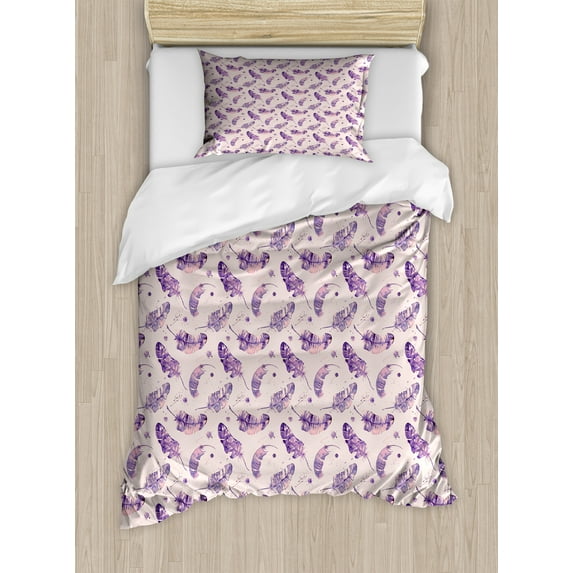 Watercolor Duvet Cover Set, Design of Feathers with Paint Blots and Random Stains, Decorative 2 Piece Bedding Set with 1 Pillow Shams, Twin Size, Indigo Mauve, by Ambesonne