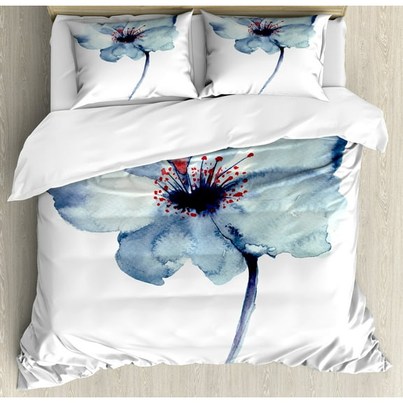Watercolor Duvet Cover Set, Design of a Spring Flower with Blue Tones Birth of Life Theme Print, Decorative 3 Piece Bedding Set with 2 Pillow Shams, Queen Size, Pale Blue, by Ambesonne