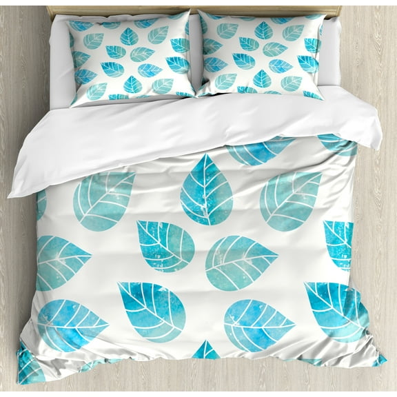Watercolor Duvet Cover Set, Fallen Forest Tree Leaves with Spring Inspired Color Scheme Deciduous Life Theme, Decorative 3 Piece Bedding Set with 2 Pillow Shams, Calking Size, Aqua White, by Ambesonne