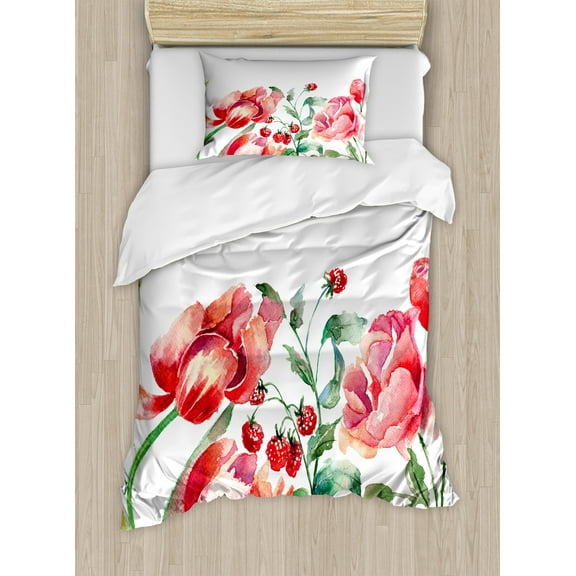 Watercolor Duvet Cover Set, Grunge Inspired Botanical Arrangement of Fruits and Flowers Ecology, Decorative 2 Piece Bedding Set with 1 Pillow Shams, Twin Size, Rose Red Jade Green, by Ambesonne