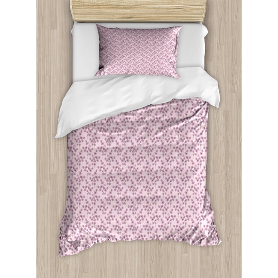 Watercolor Duvet Cover Set, Interpretation of Floral Elements on Branches Rosy Blossoms, Decorative 2 Piece Bedding Set with 1 Pillow Shams, Twin Size, Rose Pink, by Ambesonne